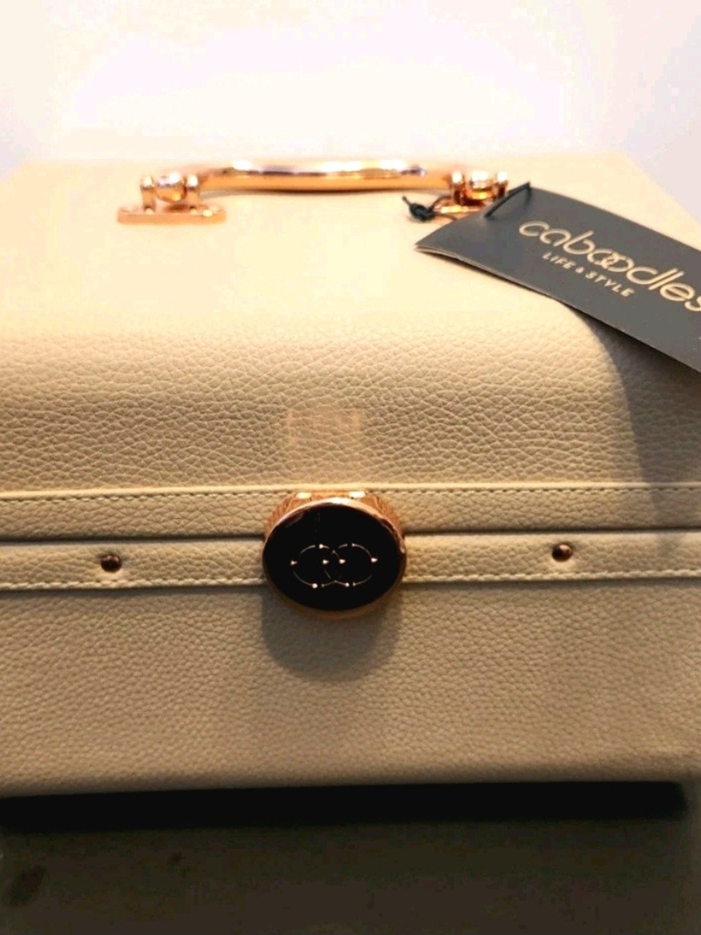 Caboodles Faux Leather Makeup Train Travel Case w/ Mirror & Handle Beige/Gold